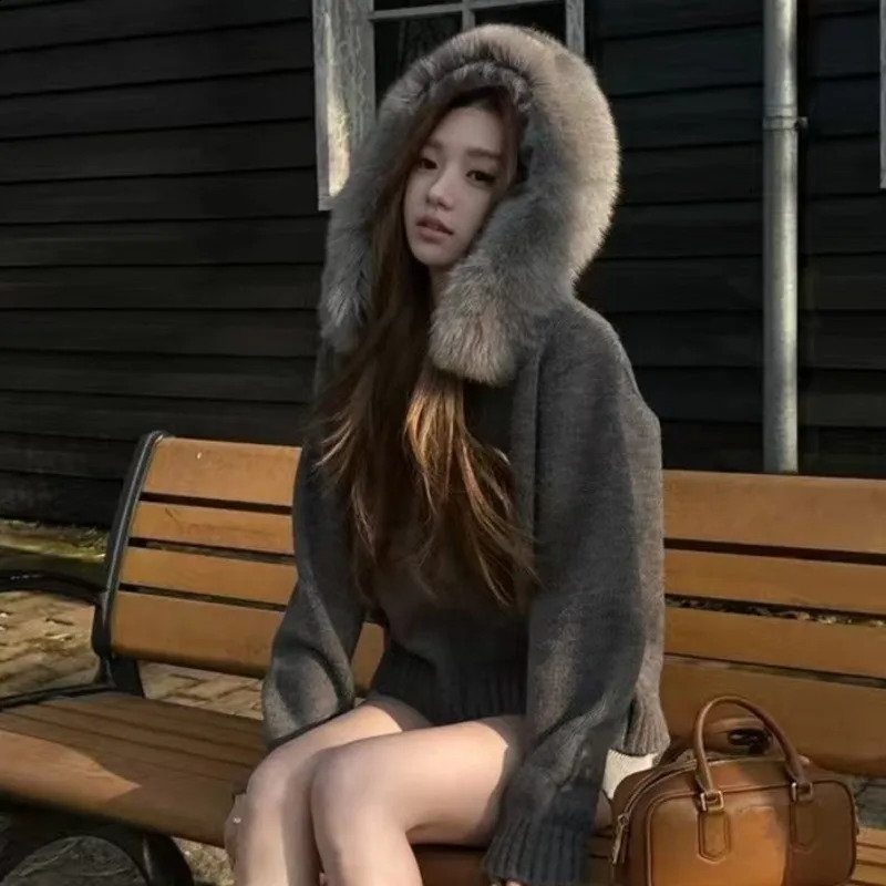 Double Zipper Vintage Cardigan Women Fur Collar Spliced Chic Sweater Hooded Casual Long Sleeve Knit Coat Thick Outerwear 250919