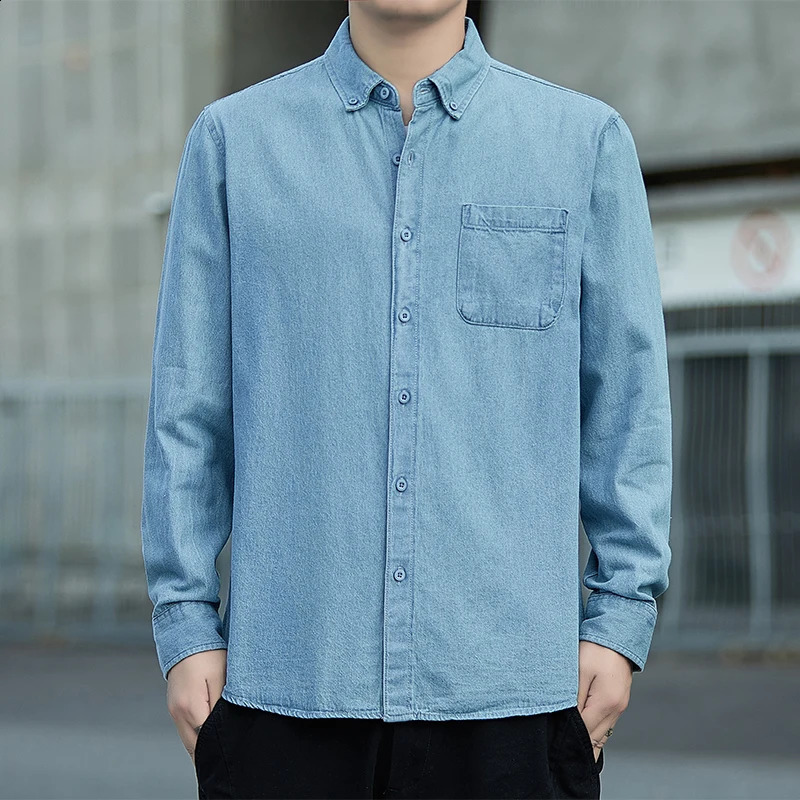 Spring Autumn Mens Denim Shirts Cotton Long Sleeve Solid Color Slim Casual Blue Streetwear Daily Jean Blouse Tops 250919