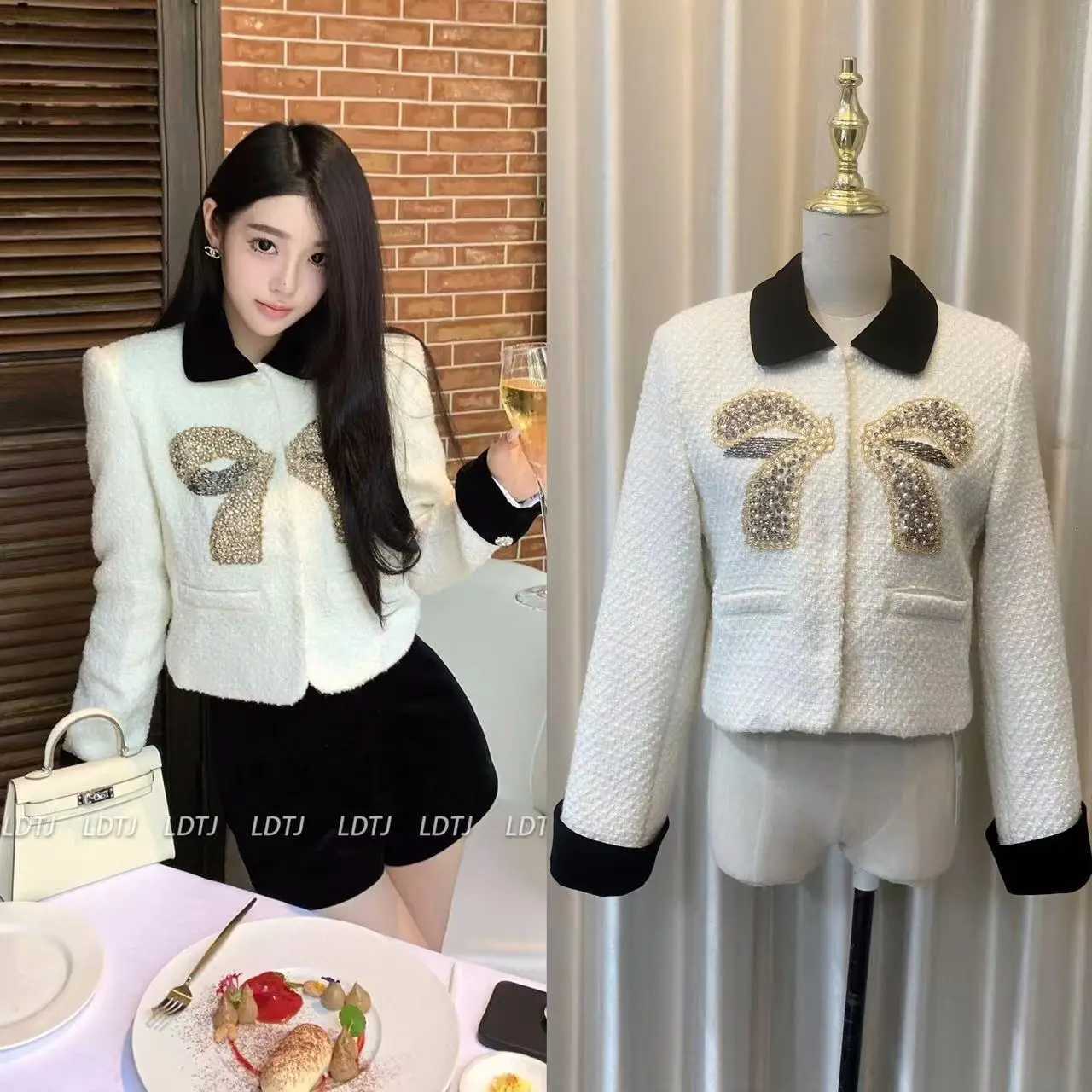 Autumn Winter Celebrity Woven Coarse Tweed Coats Women Beaded Pearls Long SLeeve Short Jackets Lady Work Wear Z250918