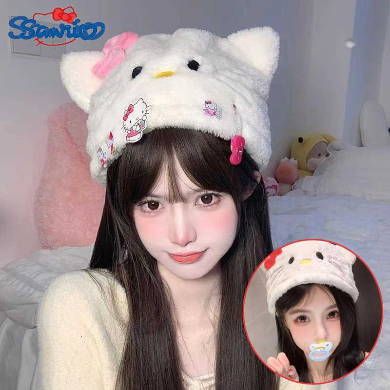 Sanrio Hello Kitty Bucket Hat Winter Lady Plush Thickened Warm Fisherman Hat Cartoon Outdoor Windproof Ear Protection Panama Cap L250919