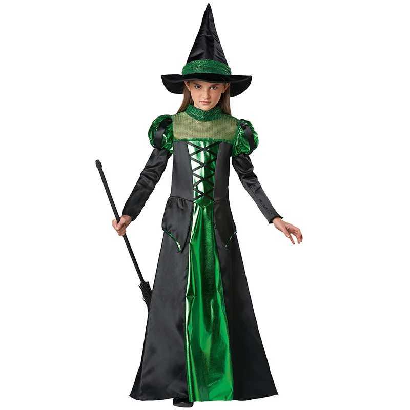 Halloween Girl Magician Green Black Witch Dark Witch Queen Mesh Costume Childrens Day Role Playing Carnival Party Outfit Dress L250918