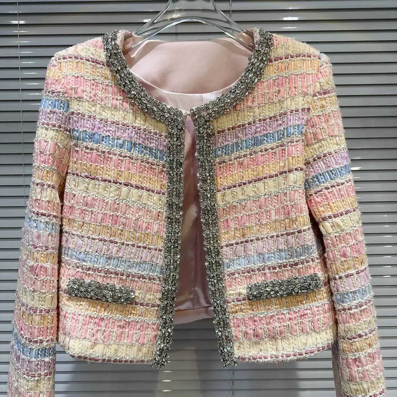 PREPOMP 2024 Autumn New Arrival Long Sleeve Rhinestone Embroidered Beadings Colorful Striped Tweed Short Jacket Women GS196 Z250918