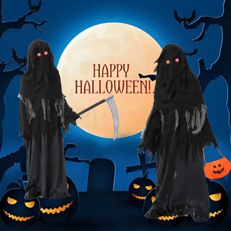 Halloween Children Cosplay Costume Torn Cloth Ghost Long Black Robe Red Glasses Sickle Pumpkin Bag Suit Terror Roleplay Outfits L250918