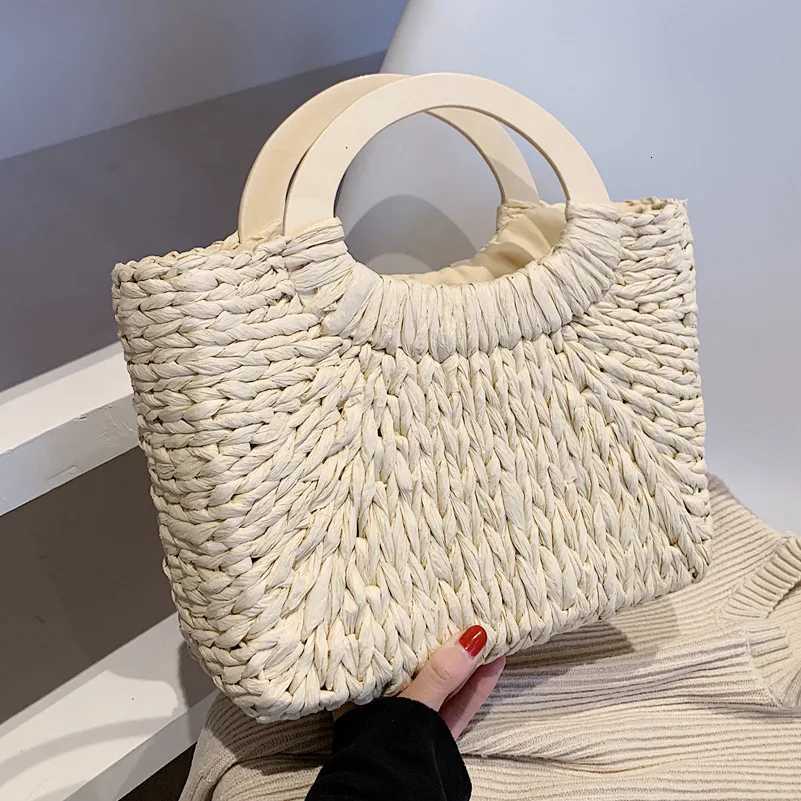 Wooden Handle Straw Bag For Women Handmade Woven Tophandle Bag Vacation Seaside Beach Bag Basket Casual Shopping Totes Basket Z250915
