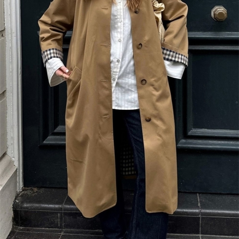 Women Casual Khaki Plaid Lined Lapel Trench Coats 2025 Autumn Single Breasted Loose Jacket Female Chic Overcoat Streetwear 250918