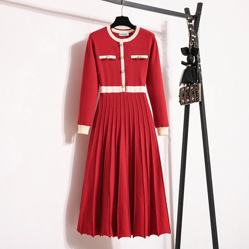 2026 Autumn Winter Women Oneck Long Sleeve Knitted Pleated Aline Dress Christmas Party Red Sweater Long Dresses 250919