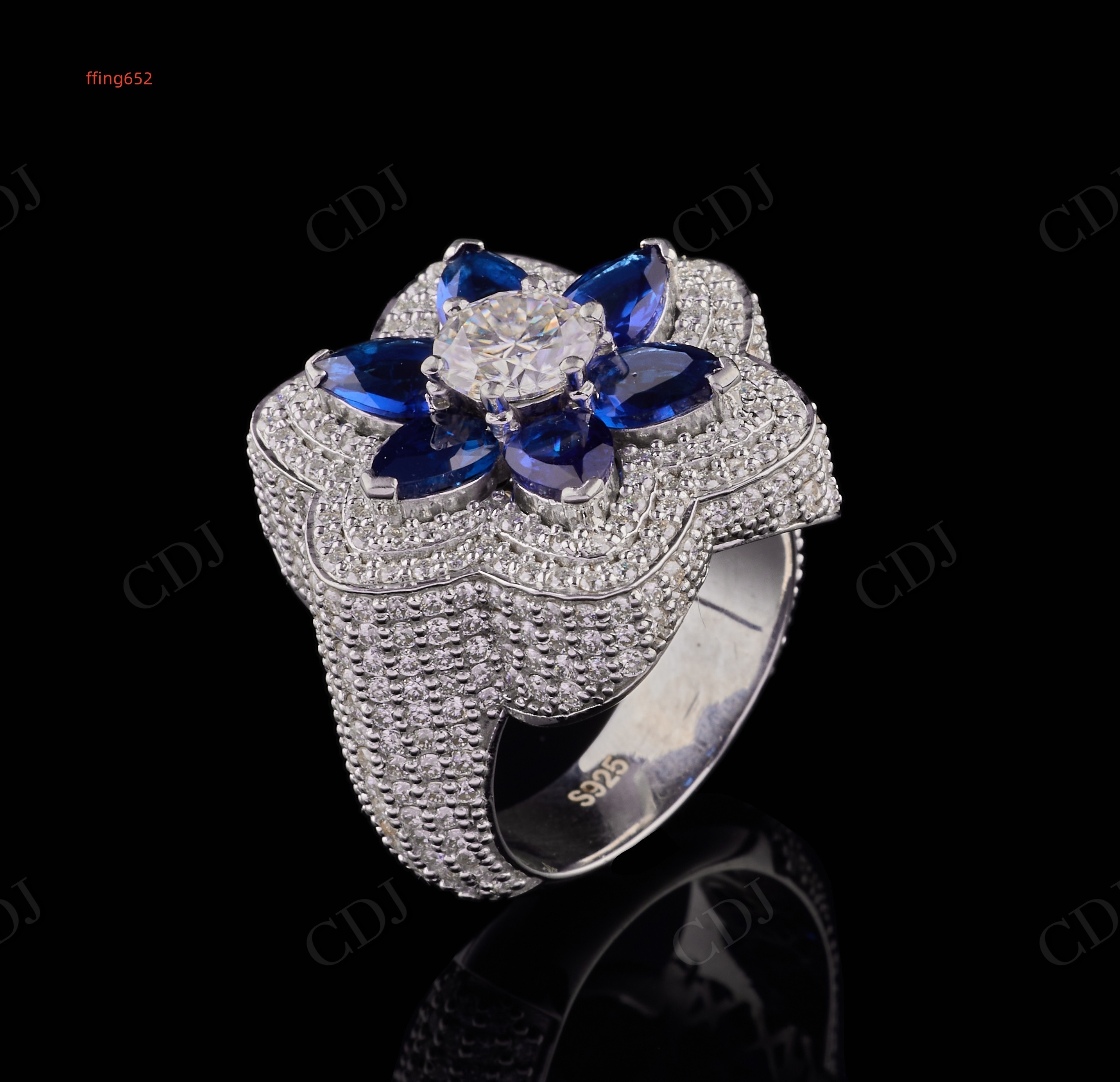 925 Sterling Silver Blue Moissanite Diamond Hip Hop Fully Iced Out New Arrivals Latest Design Flower Shape Design Ring For Mens