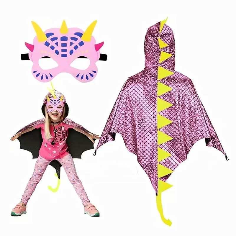 Children Dinosaur Hooded Cape with Tail Mask Wrist Accessories for Halloween Cosplay Costume Party 312Y Toddler Gift L250918