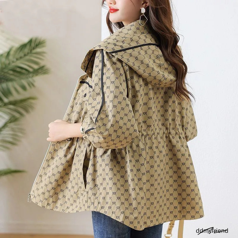 2024 Spring Autumn Korean High-Grade Casual Hooded Windbreaker Women Loose Temperament Fashion Print Trench Coat Female Outcoat250723 ddmyfriend