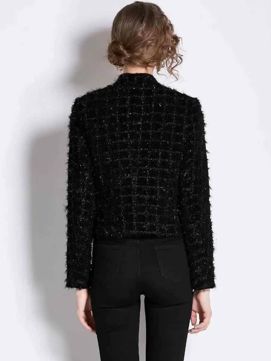 Women Black Tweed Short Cardigan Slim Outwear Jacket Top Autumn Winter New Metal Double Breasted Tassel Bright Silk Wool Coat Z250918