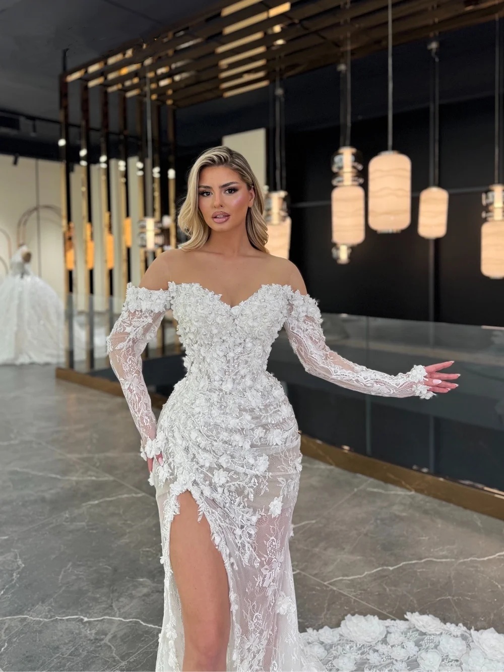 Elegant Appliques Wedding Dresses Lace Pearls Bridal Gowns 3D Flowers See Through Side Split Illusion Mermaid Customized Vestidos De Novia Plus Size