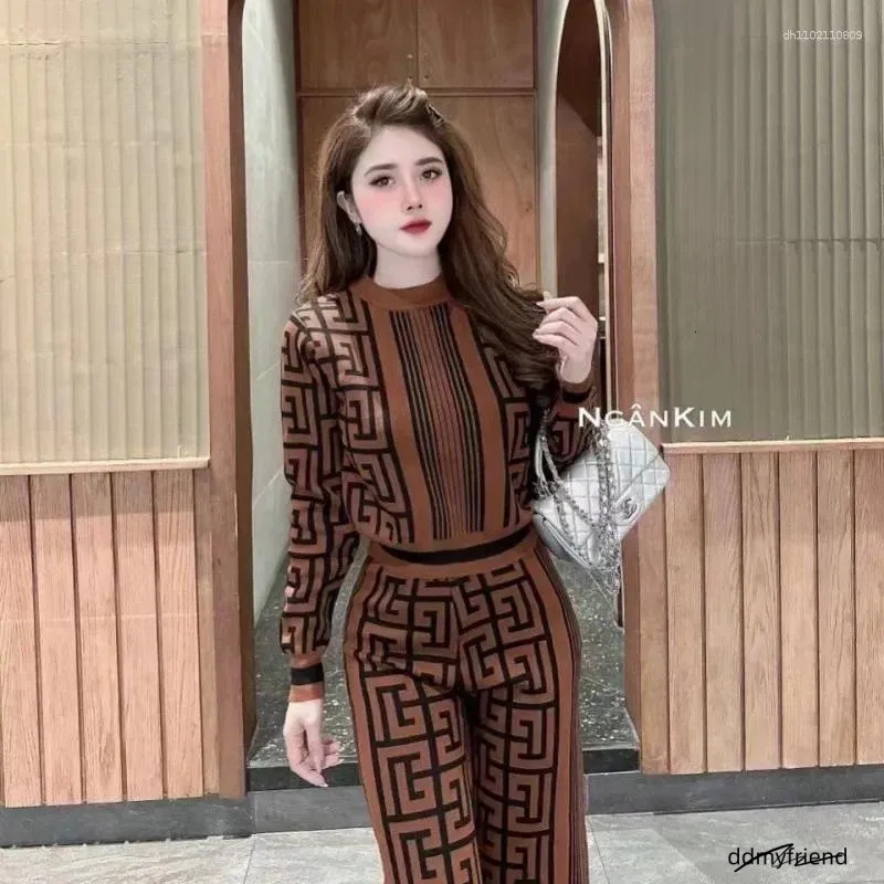 Women's Tracksuits 2025 Fashion Maze Pattern Printed Knitted Top Wide Leg Pants Women Casual Set Two Piece Comfortable Breathable ddmyfriend