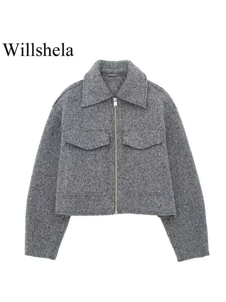 Willshela Women Fashion With Pockets Grey Front Zipper Jackets Vintage Lapel Neck Long Sleeves Female Chic Lady Outfits Z250918