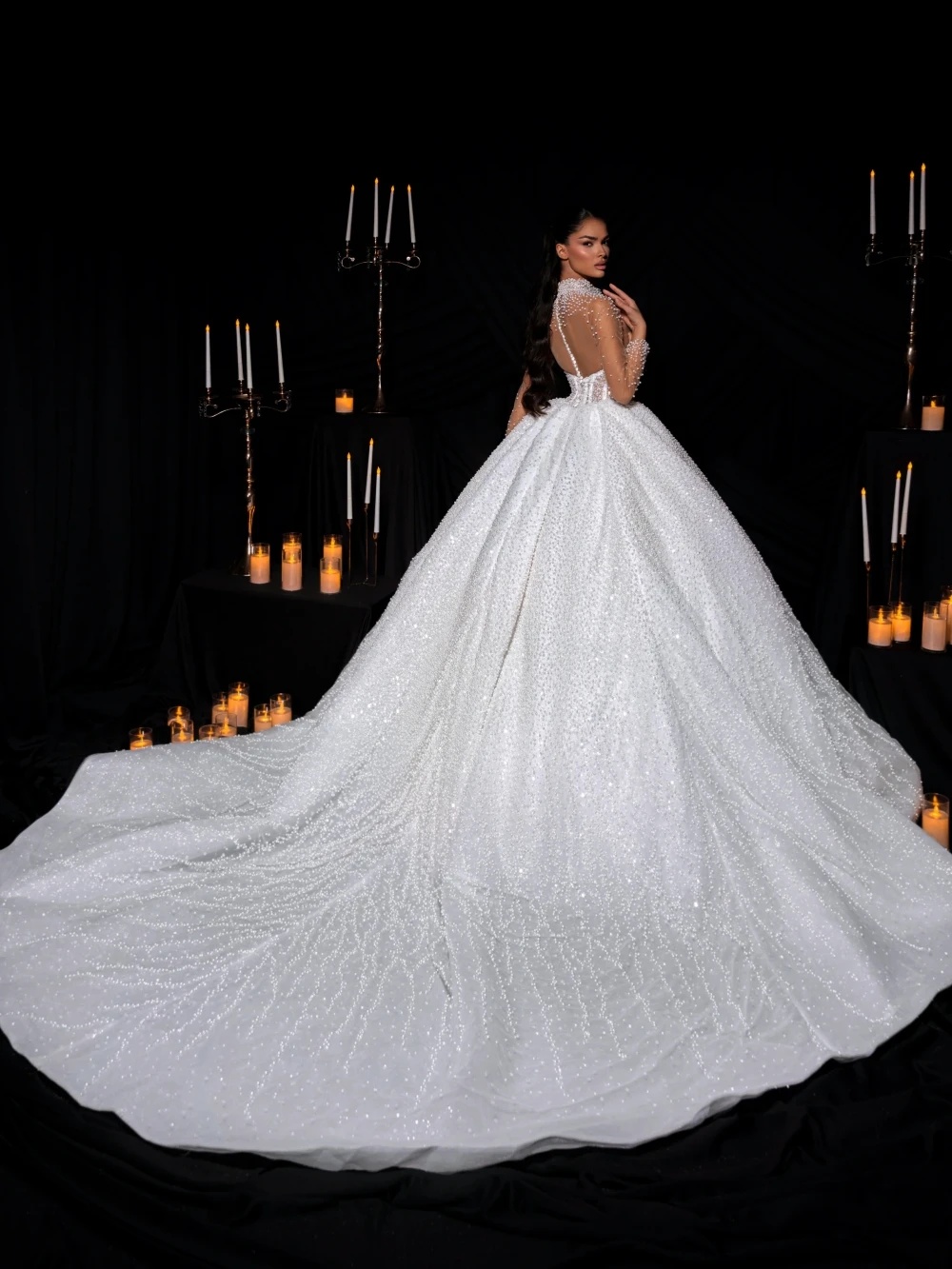 Graceful Wedding Dresses Pearls High Neck Bridal Ball Gowns Sheer Long Sleeves Beading Long Sleeves Customized Vestidos De Novia Plus Size