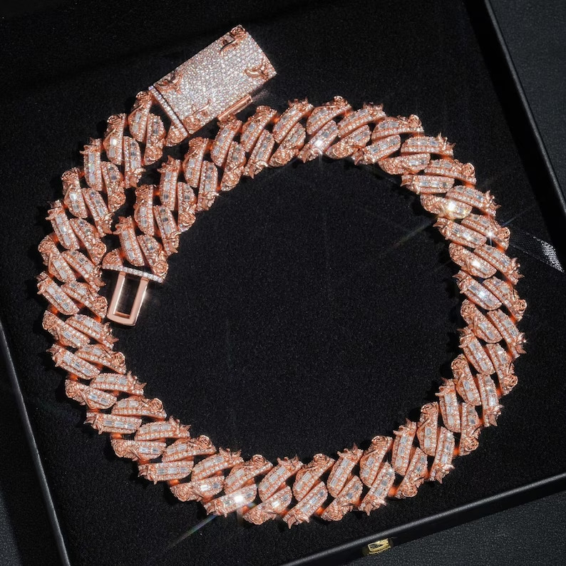 Iced Out Hiphop VVS Moissanite 20mm 925 Sterling Silver Baguette Stamped Customized Trend Cuban Link Chain