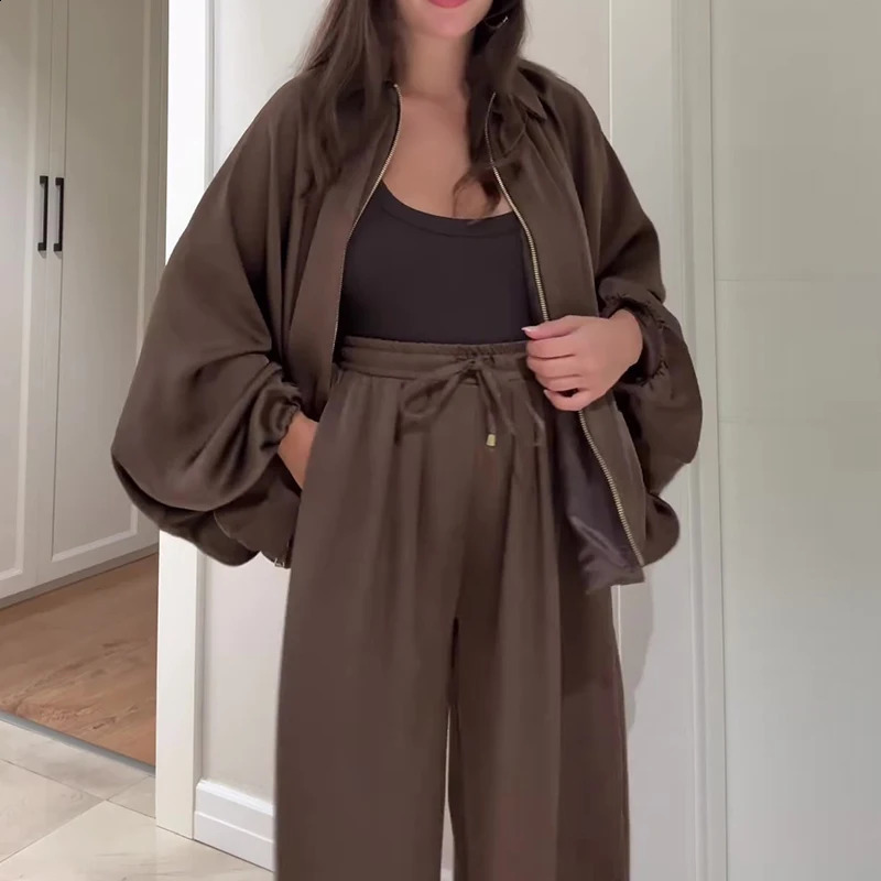 Fashion Elastic Waist Pants Sport Suit Elegant Zipper Jacket Long Pant Outfits Womens Casual Long Sleeve Solid Loose 2Pc Set 250917