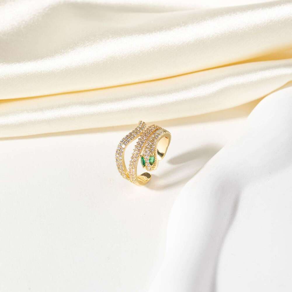 Light Luxury Micro Paved Zircon Personality Snake-Shaped for Women Copper Gold-Plated Adjustable Open Ring Jewelry