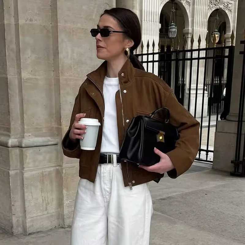 MUJER Suede Bomber Jacket Women Fashion Zip Varsity Jackets for Women Streetwear Outerwears Women Jacket Long Sleeve Women Coat Z250918