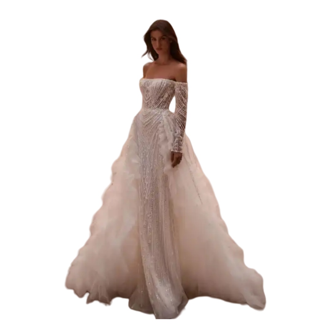 Elegant Mermaid Wedding Dress 3D Flower Lace Bridal Gown Off Shoulder Tulle Remove Brush Train Robes De Mariee Size Customized H25863