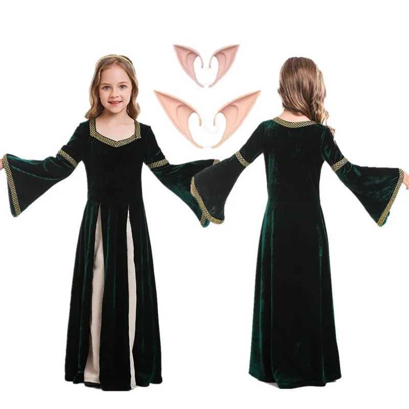 Kids Medieval Renaissance Princess Queen Cosplay Swing Dress Costume Girls Gown Robe Vampire Elf Ear Halloween Carnival Suit L250918