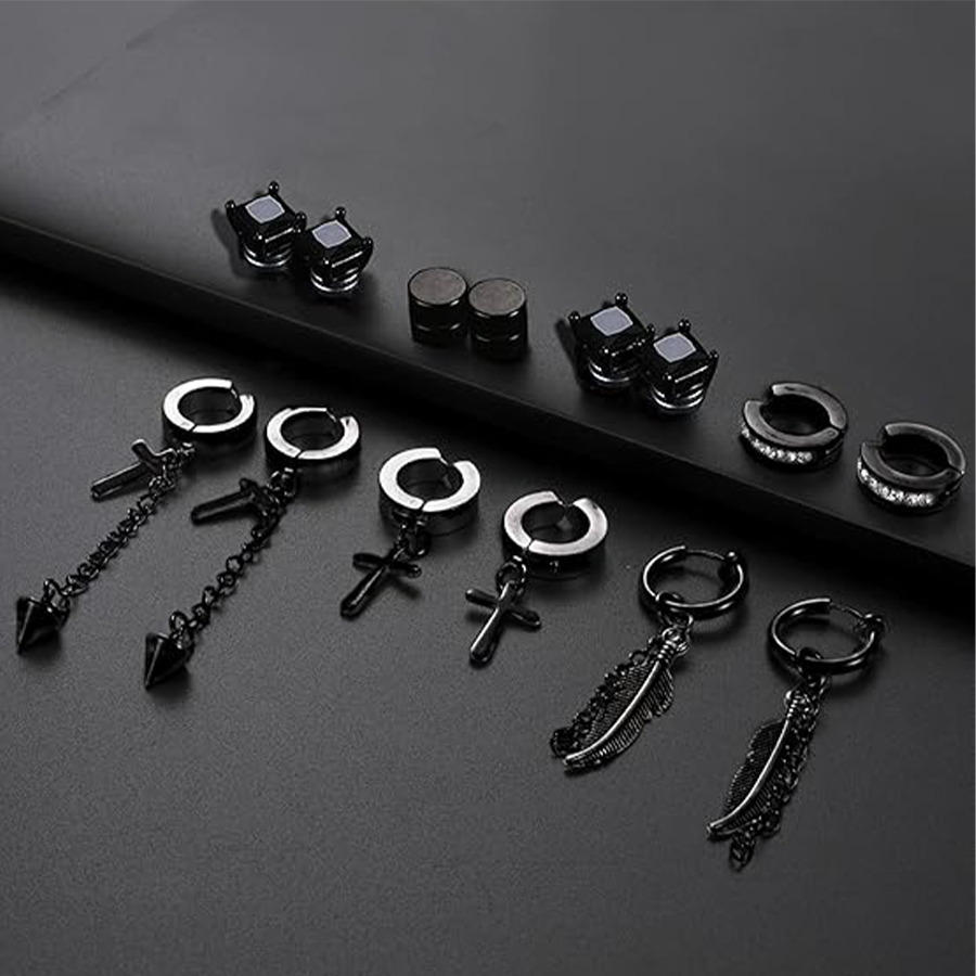 12 Pairs Magnetic Stud Earrings Stainless Steel CZ Hoop Punk Feather Dangle Hinged Non-Piercing Earrings Clip on Magnet Earring Set for Women Men Blac