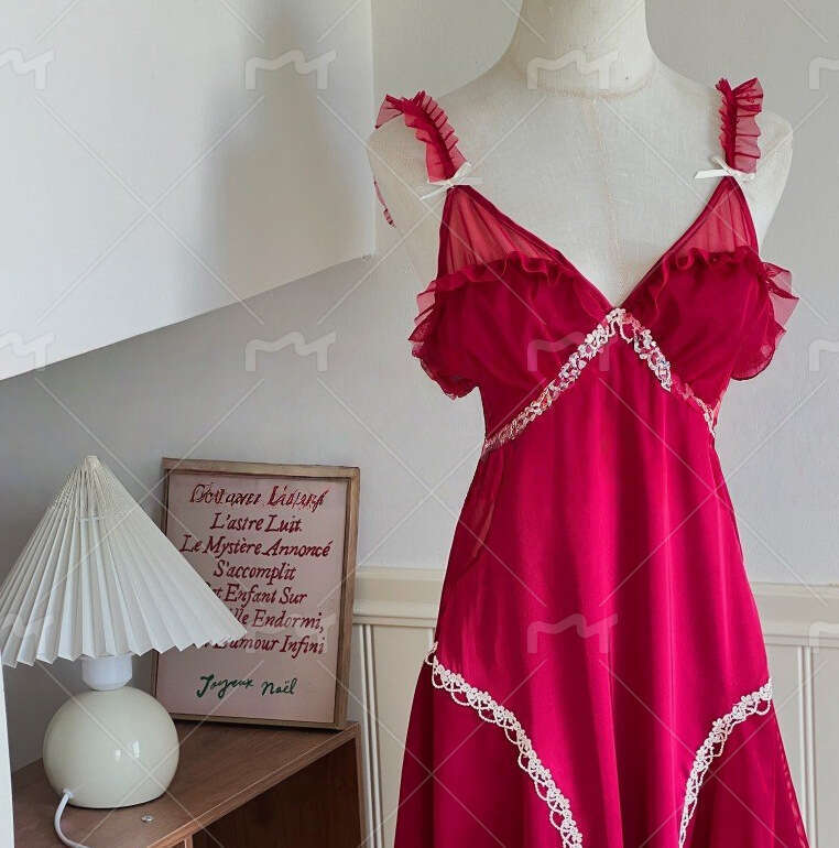 New Sweet Lazy Ice Silk Lingerie Passionate Hot with Chest Pads Sexy Nightdress Robe Homewear Set 496