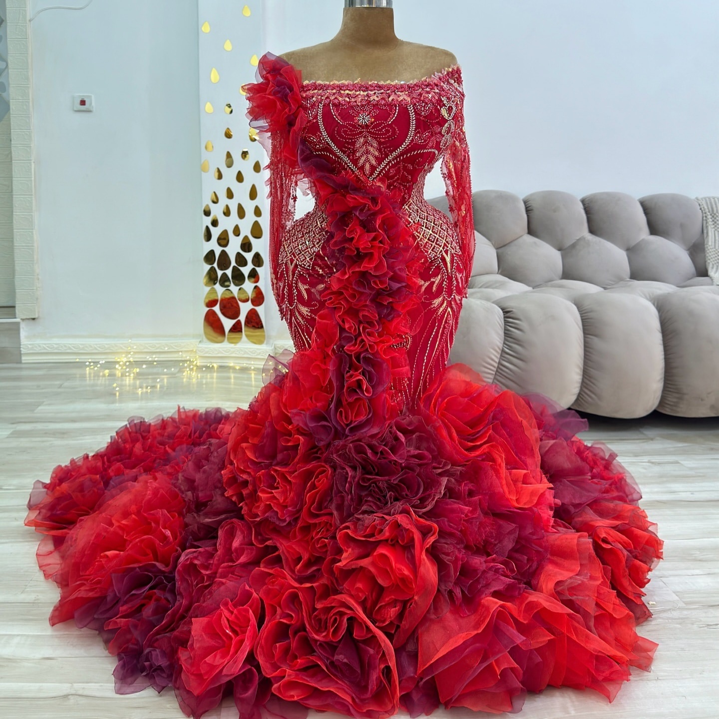 Mermaid Red Prom Dresses 2025 Flowers Beaded Lace Sheer Neck Evening Formal Party Second Birthday Engagement Gowns Plus Size Dress For Special Occasio