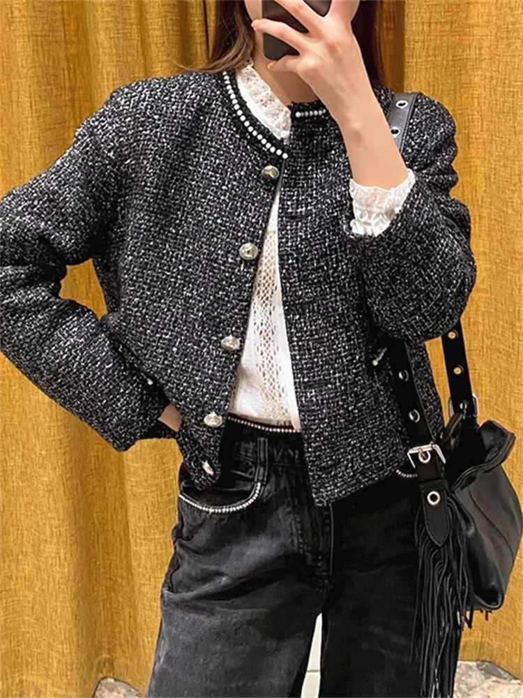 Pearls Decoration Women Tweed Short Coat ONeck Single Breasted Elegant Female Autumn Winter Outerwear Top Z250918