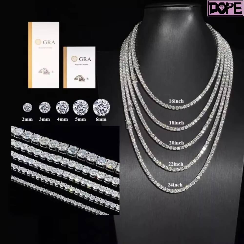 2mm 3mm 4mm Luxury Tennis Chain Rhodium Plated 925 Silver VVS Iced Out Tennis Necklace Moissanite Tennis Chain
