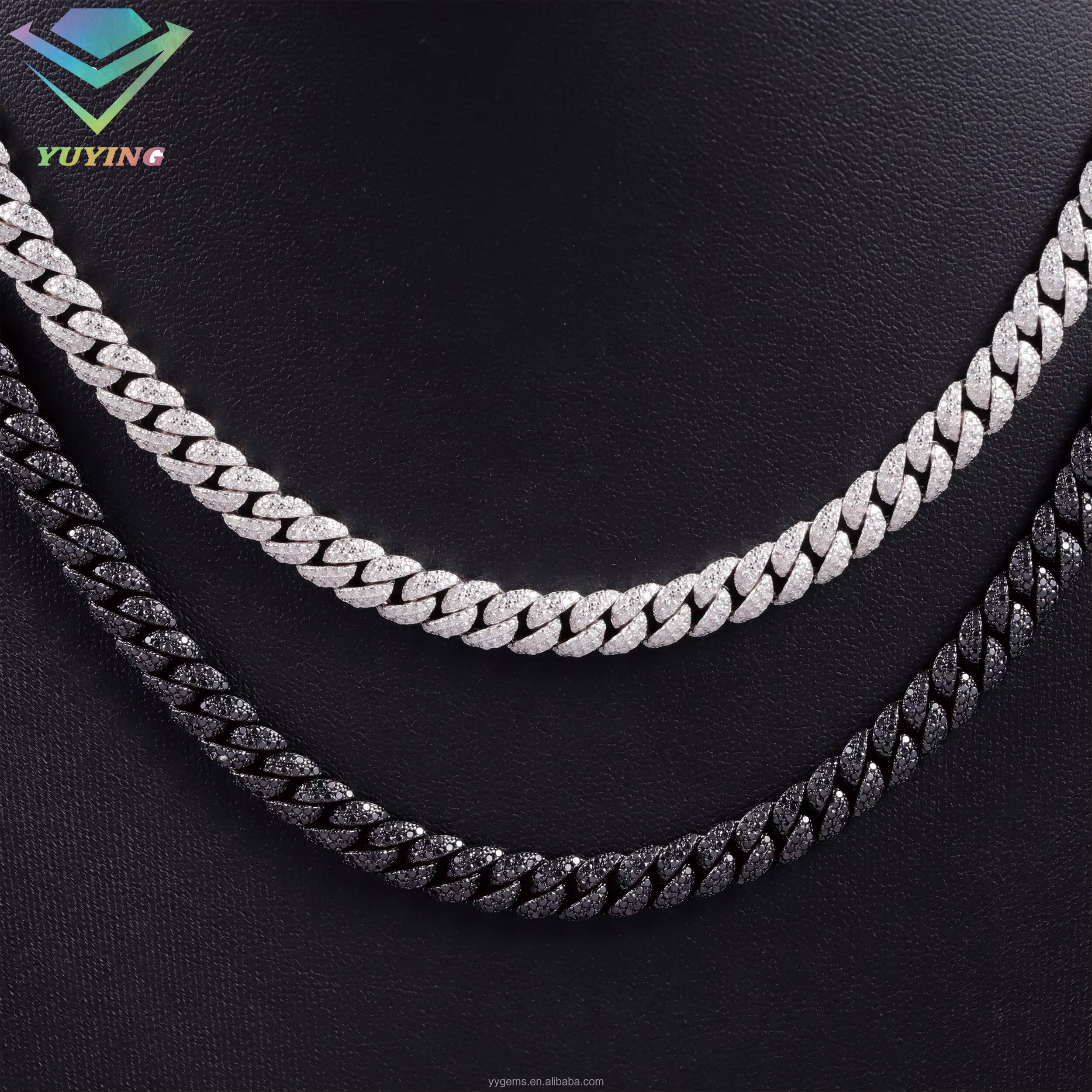 Mystic Black Gold Plated Black Moissanite Diamond Full Iced Out 6mm Wide 2Rows Cuban Link Chains for Men Fashion Silver Jewelry
