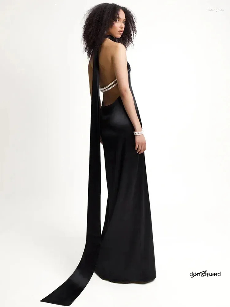Casual Dresses Chic Women Celebrity Sexy Backless Halter Pearl Black White Maxi Long Bodycon Dress Elegant Evening Club Party Outfit ddmyfriend