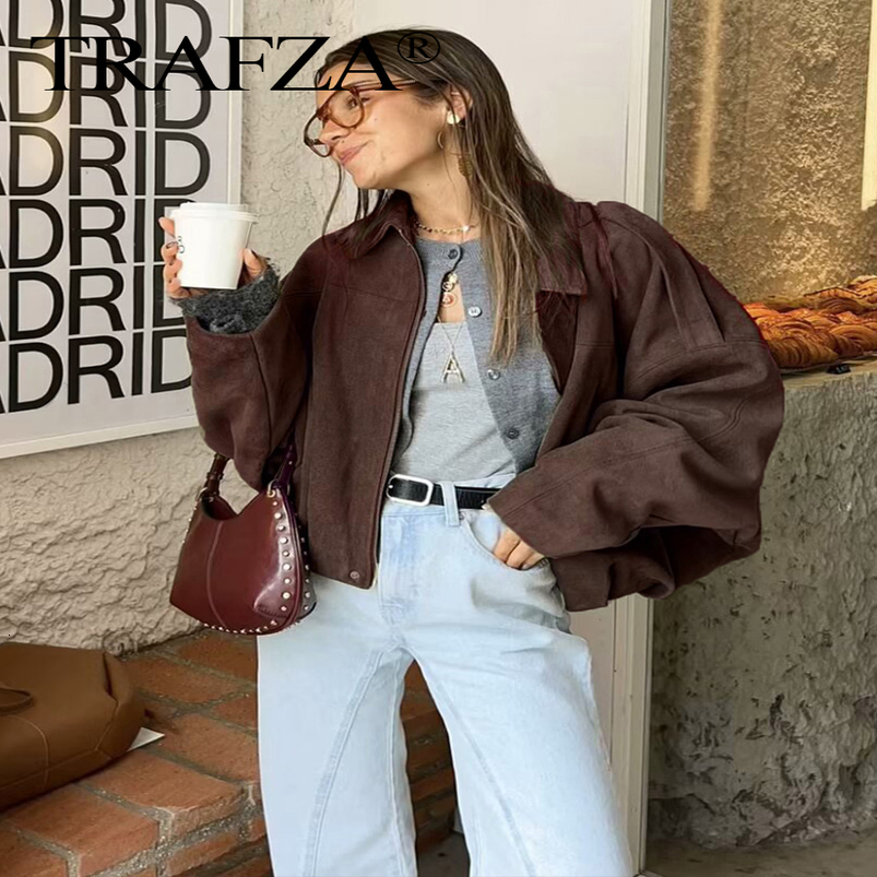 TRAFZA Vintage Womens Suede Texture Bomber Jacket Autumn Lapel Zipper Long Sleeve Oversize Female High Street Outerwear 250923