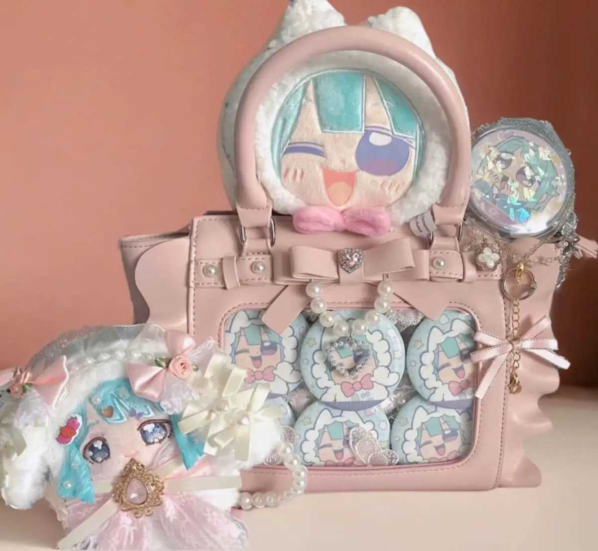 Harajuku Square Pink Ita Bag Women New Japanese Pearl Handle Messenger Bag Wallet Female Sweet Cute Crossbody Bags AestheticXJ250918