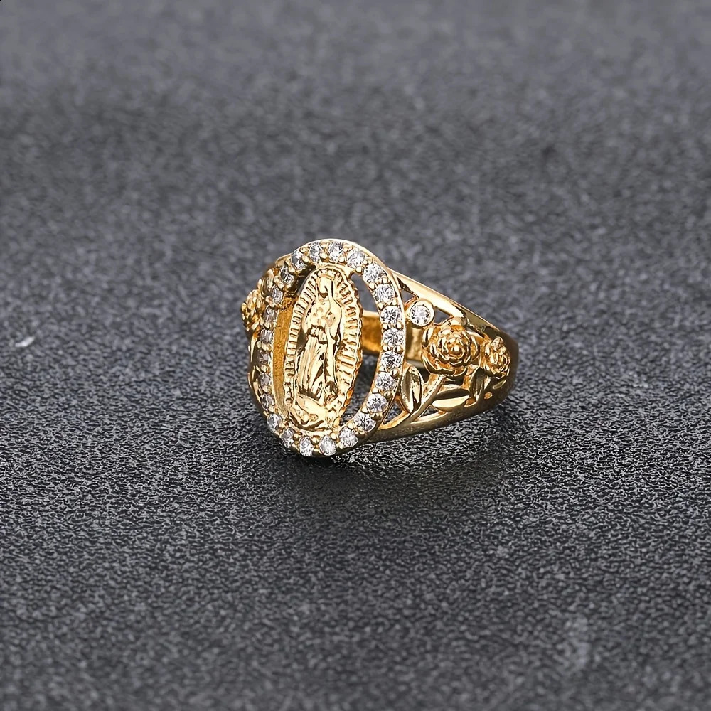 Europe and The United States Exquisite Virgin Mary Inlaid Shiny Stone Ring for Men Women Hiphop Trend Daily Wear Jewelry 250919