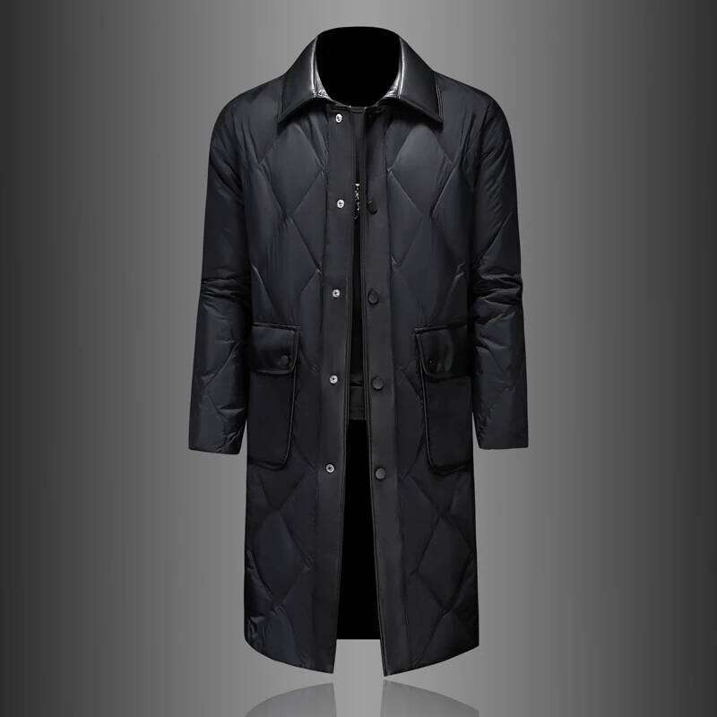 Minglu White Duck Down Mid Length Men's Jackets Autumn Winter Pu Leather Single Breasted Male Coats Fashion Man Overcoats