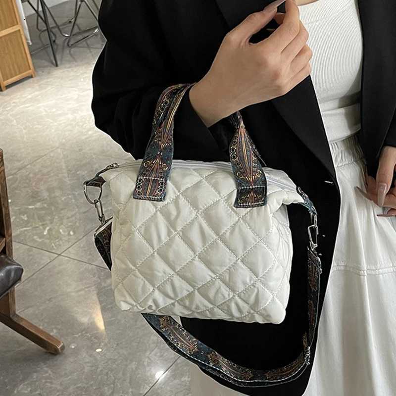 Trendy Womens Quilted Puffer Tote Crossbody Handbag with Wide Shoulder Belt Cotton Padded down Bag Z250915
