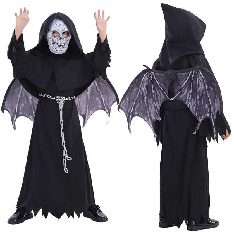 Child Black Dark Skeleton Dead Zombie Halloween Fancy Dress Up Winged Grim Reaper Costume for Boys L250918
