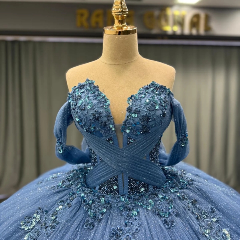 Navy Blue Shiny Quinceanera Dresses Off The Shoulder Applique Lace Beading Crystal Tiered Tull Party Birthday Sweet 16 Dress Vestidos De 15 Anos