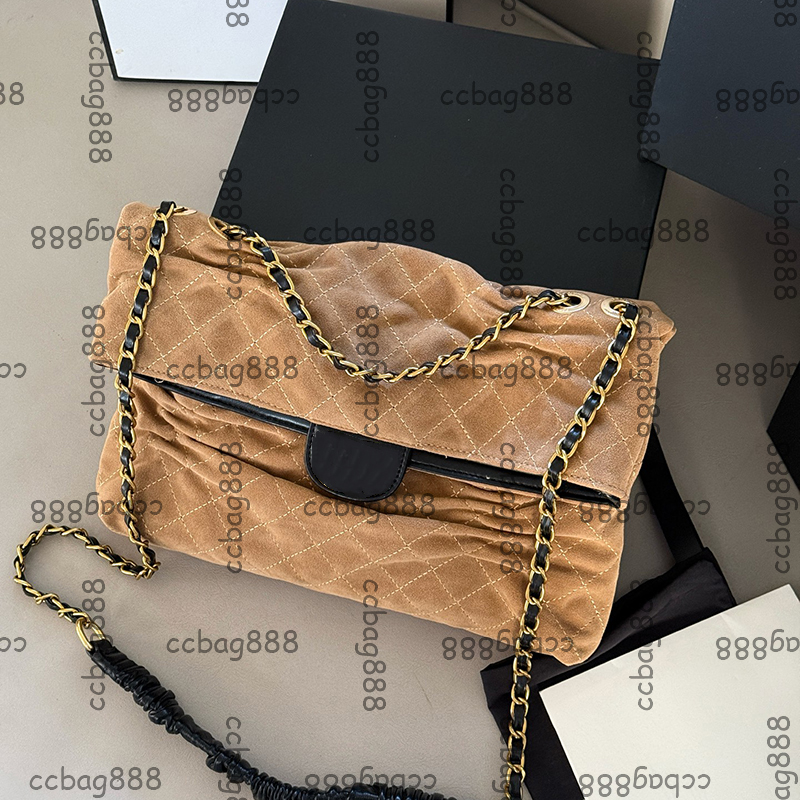32CM Jumbo Vintage Wrinkled Flap Suede Calfskin Hobo Shoulder Bag Gold Matelasse Chain Crossbody Handbags Large Capacity Women Designer Office Daily Outfit Purse