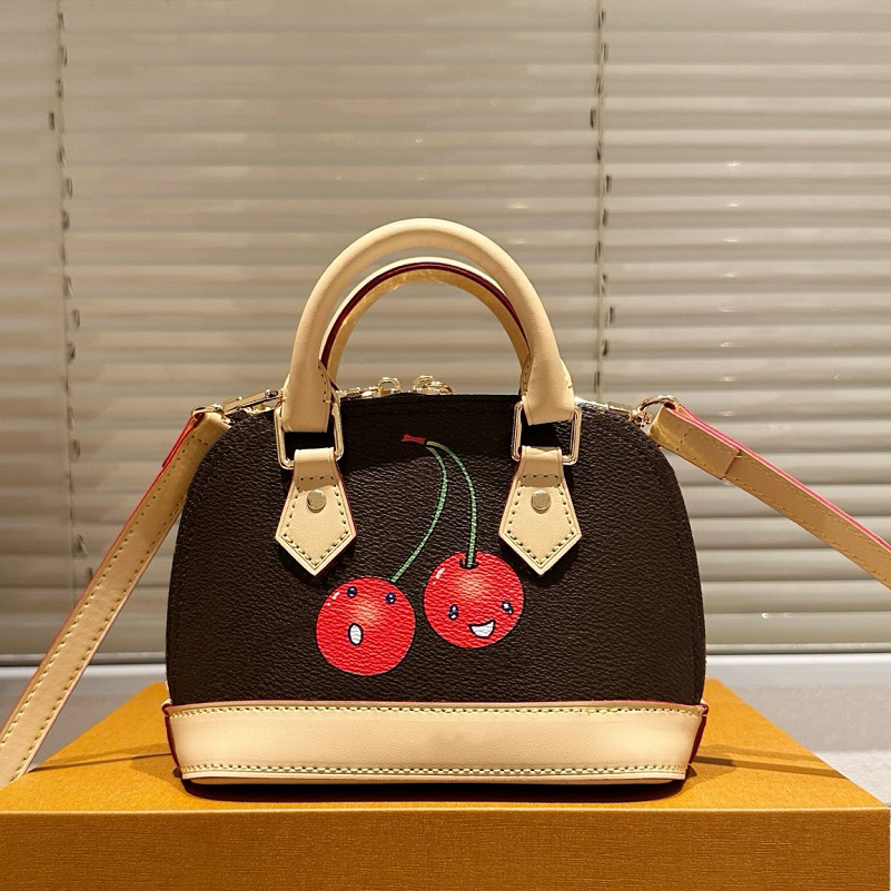 Fashion cross body bag women's shoulder bag classic letter printing with cherry pattern design mini 16cm shell cowhide handbag