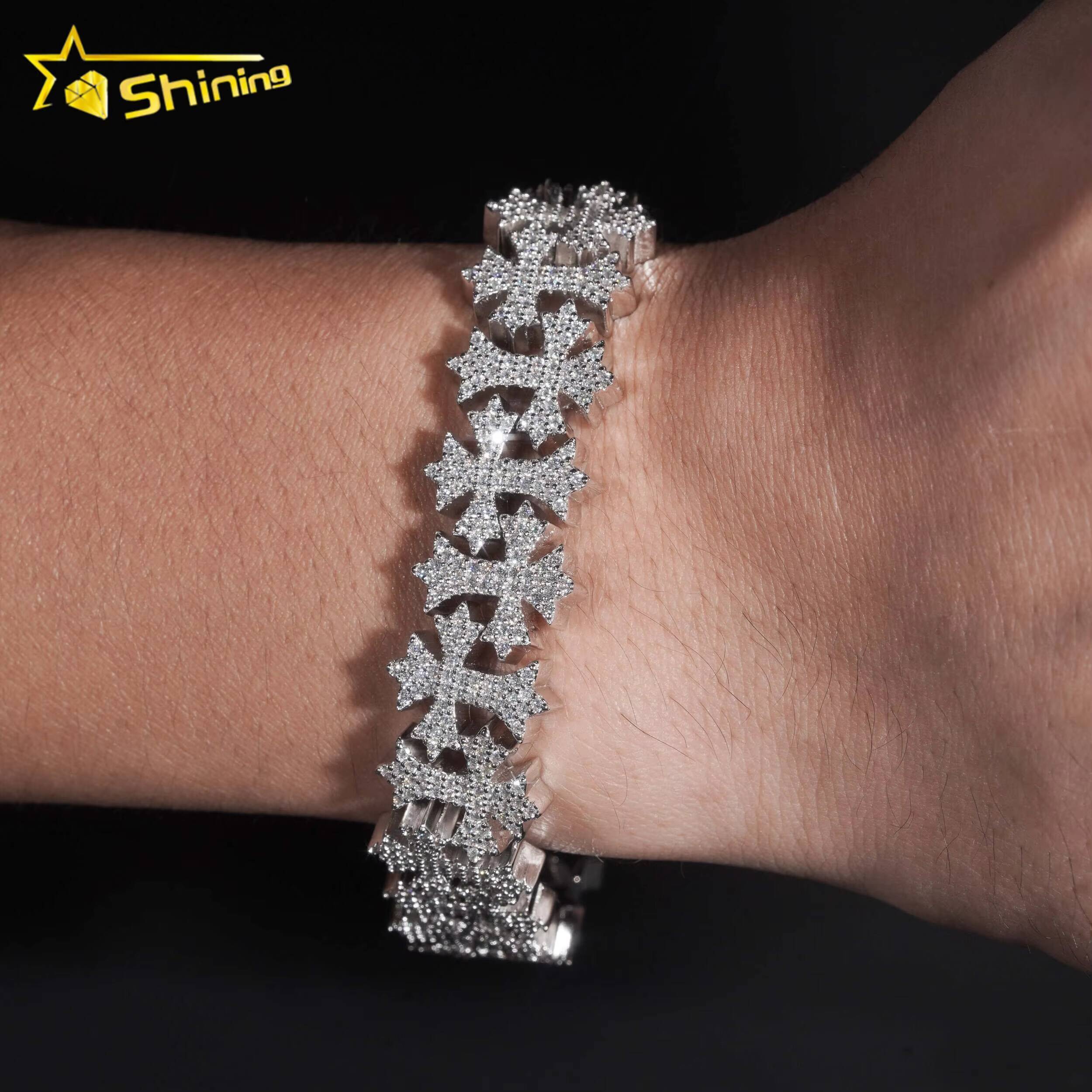 Luxury Big Cross Moissanite Cuban Link Chain Sterling Silver 925 Moissanite Cross Mens Bracelets Iced Out Hip Hop Jewelry