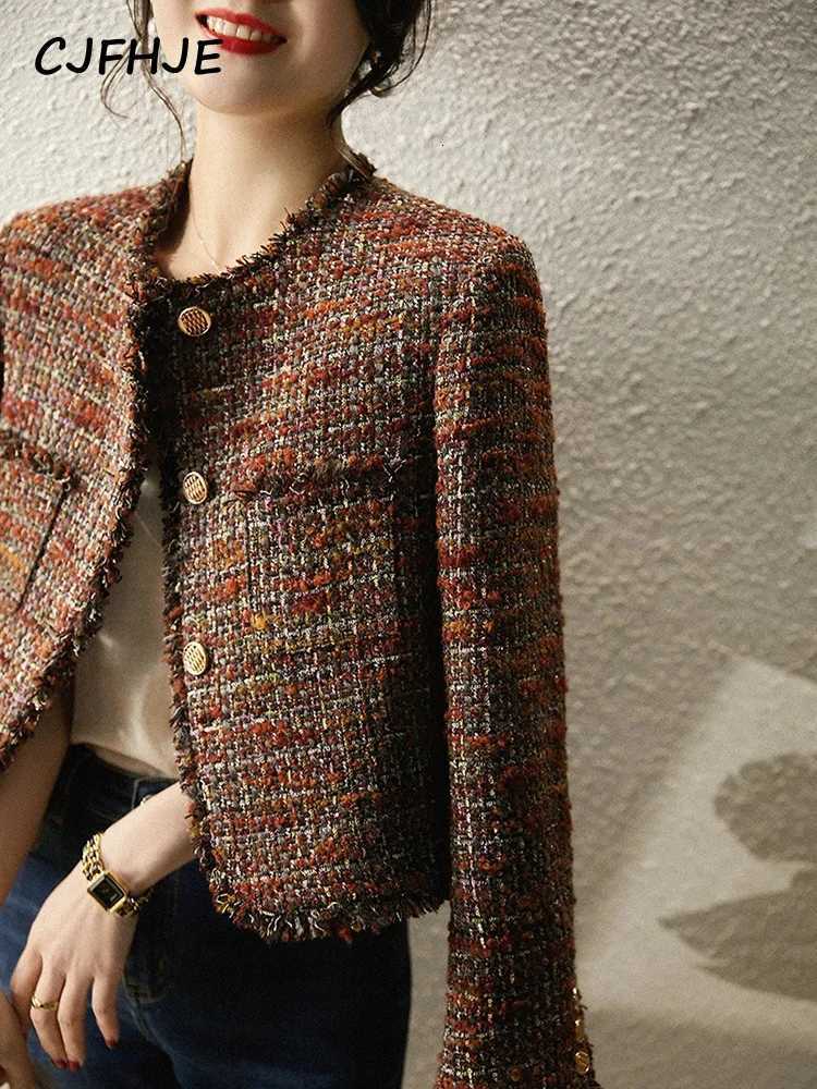 CJFHJE Oneck Tweed Fragrant Lady Coats Autumn Winter New Elegant Lady Outerwear Tops Tassel Single Breasted Women Woolen Jacket Z250918