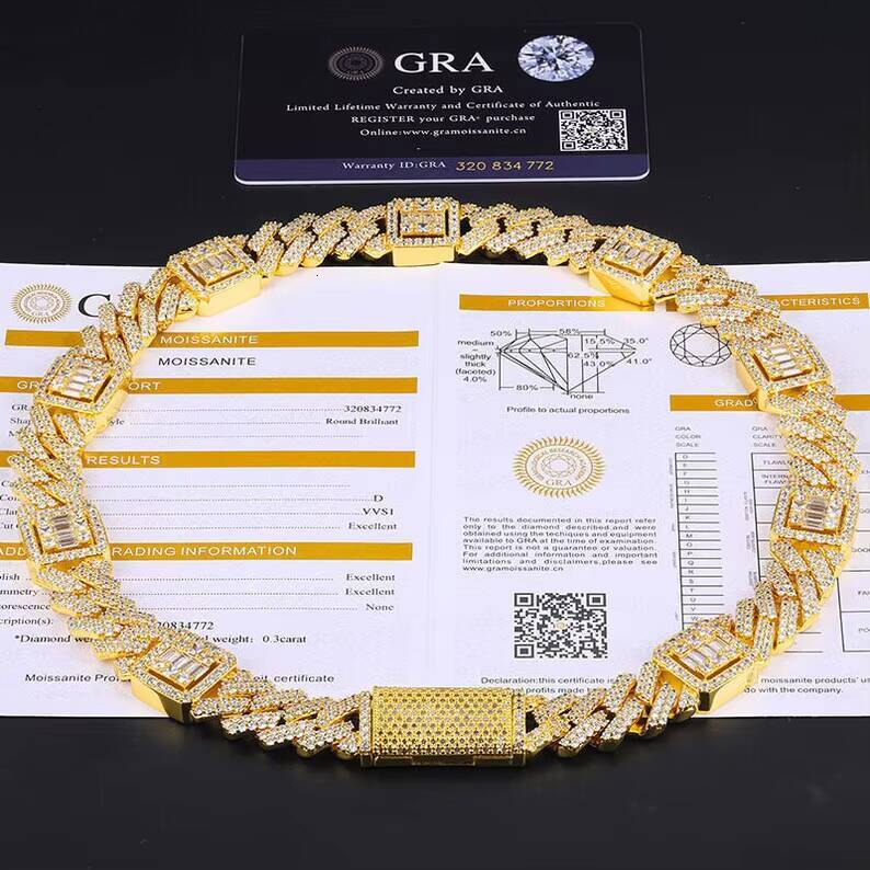 15mm Cuban Link Chain 925 Silver Iced Out Vvs Diamond Pass Diamond Tester Charm Necklace Moissanite Cuban Chain