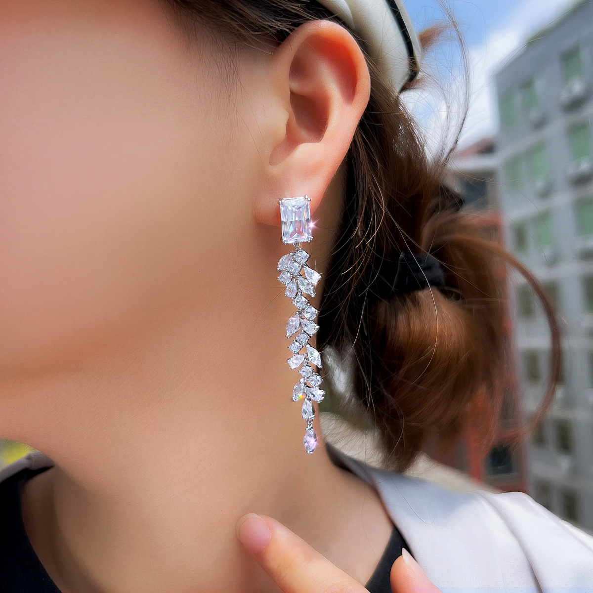 Sparkling Dangle Earrings Luxury Jewelry 925 Sterling Silver Radiant Shape 5A Cubic Zircon CZ Diamond Long Tassel Elegant Party Women Wedding Leaf Dro