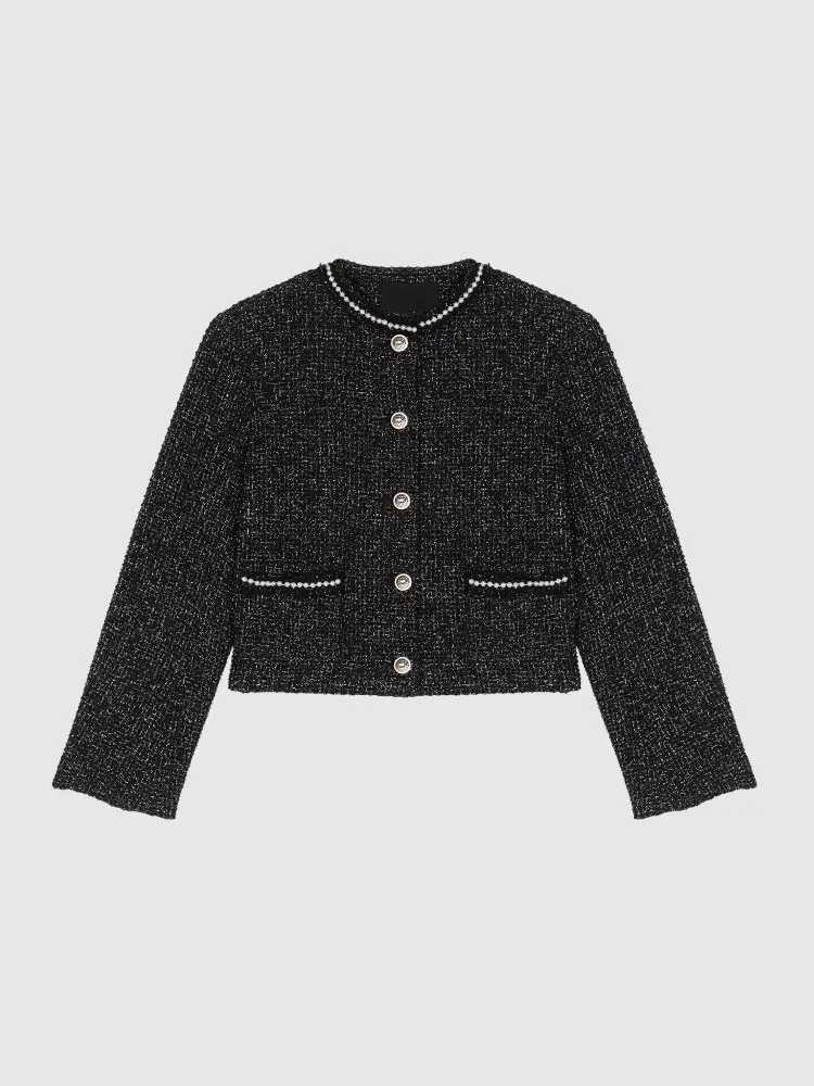 Pearls Decoration Women ONeck Tweed Short Coat Single Breasted Retro Female Jacket Top Autumn Winter Outerwear Z250918