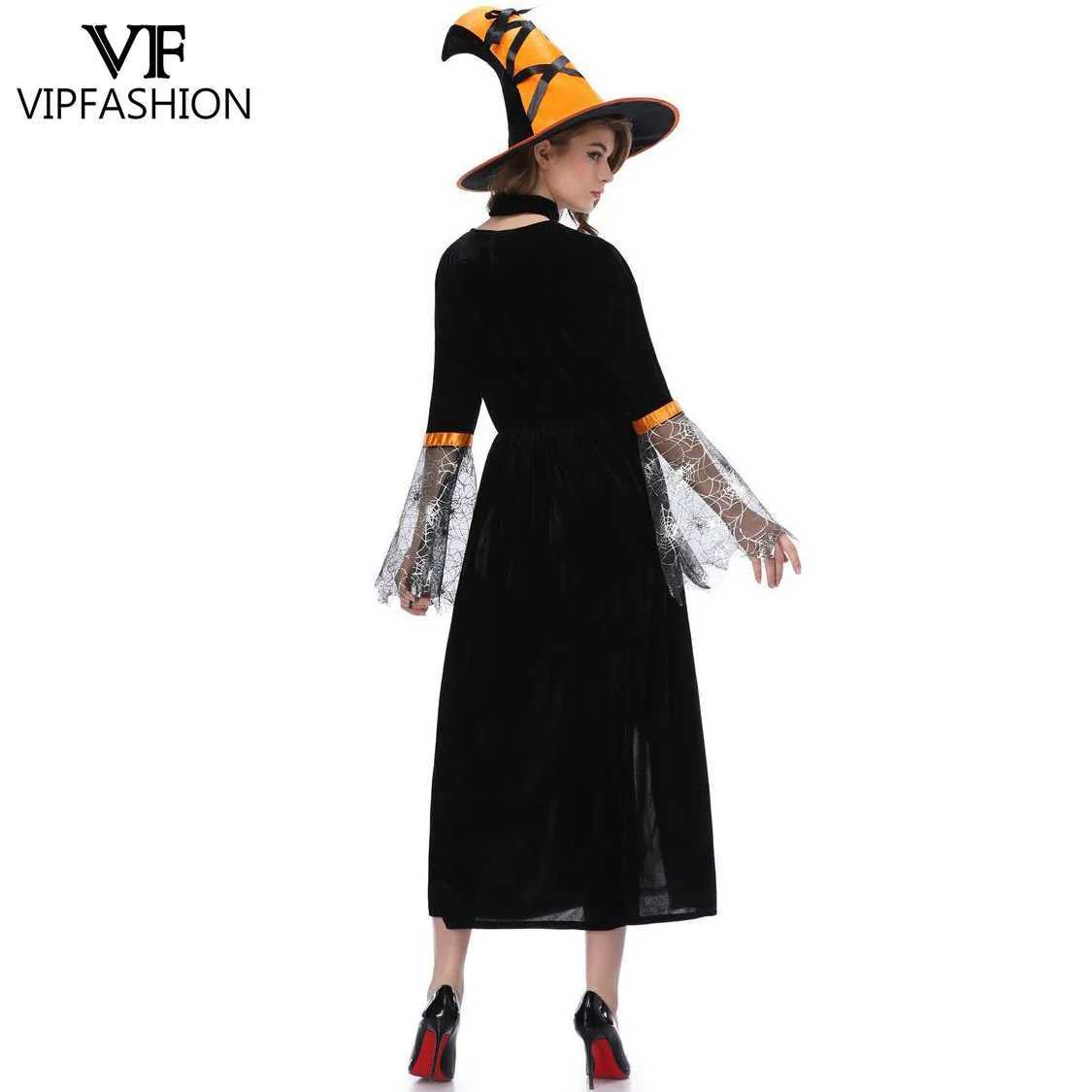 VIP FASHION Orange Halloween Witch Costume Cosplay Wizard Dress for Women Demon Vampire Witch Dress Performance Party Outfit L250918