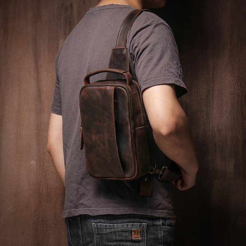 GURO Men's Higher Quality Chest Pack Vintage Genuine Leather Travel Sling Bag Male satchel Crazy Horse Cowhide Crossbody