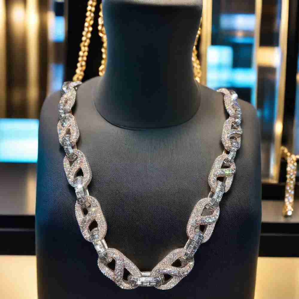 25MM Iced Out Hiphop Chain 925 Sterling Silver Buss Down Baguette Round VVS Moissanite Cuban Chain