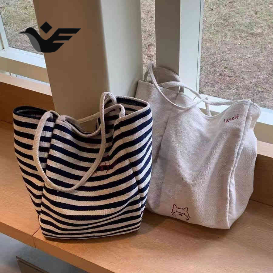 Feiyan Free Shipping New Designer Bag Striped Canvas Bag Niche Embroidery Large Capacity Lazy Style Tote Bag Casual Shopping Cloth Bag