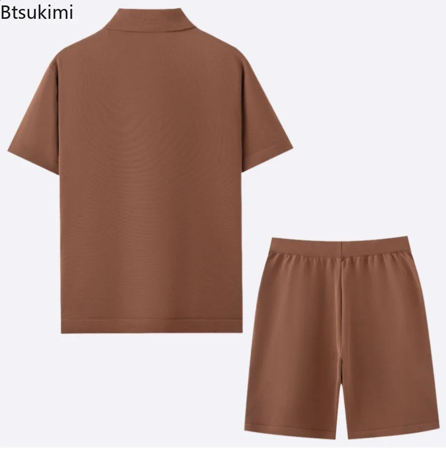 Summer Ice Silk Two Piece Sets for Men Fashion Knitted Jacquard Short Sleeve TopsShorts Male Business Casual Polo Shirts Suit 250916